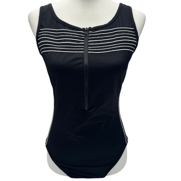 MIRACLESUIT Women's 12 Black White Stripes Front Zip Low Back One Piece Swimsuit - Picture 1 of 8